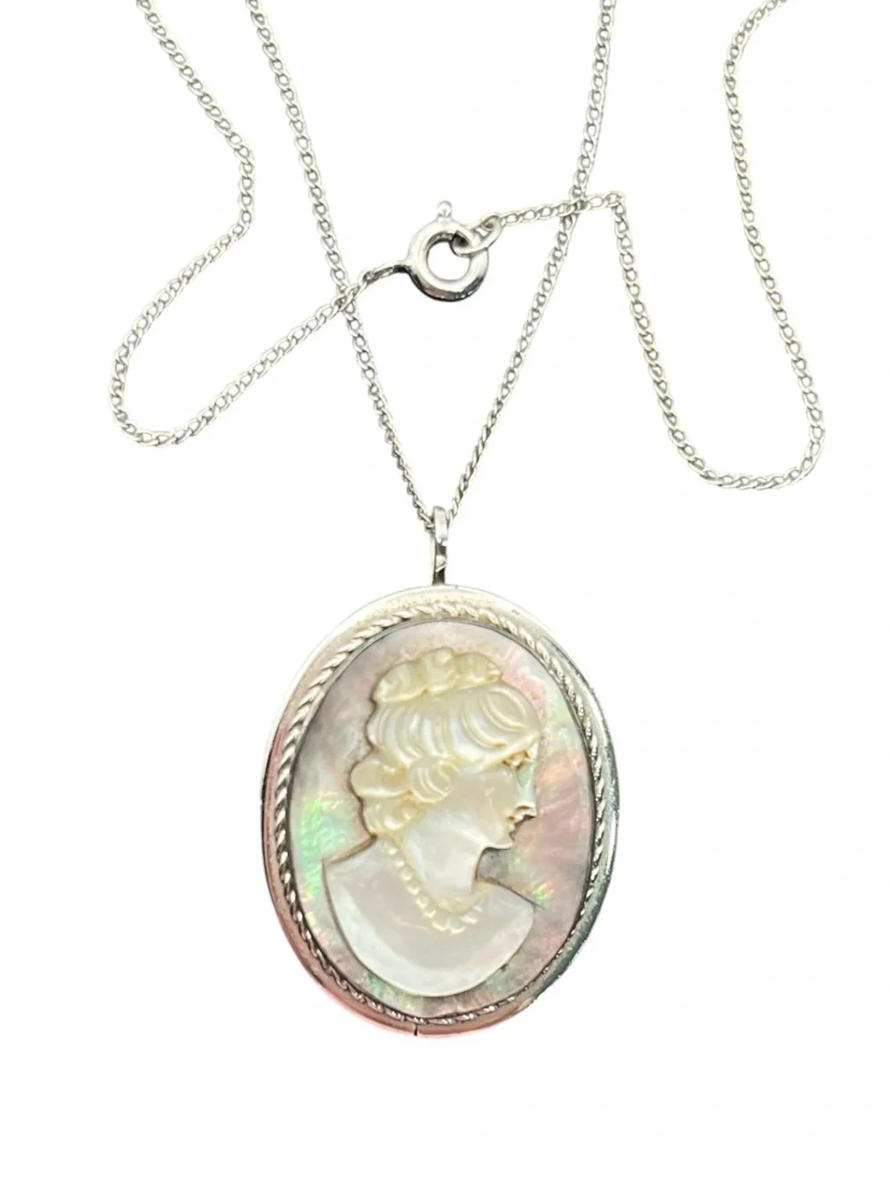 Van Dell mother f pearl carved Cameo lady silhouette brooch pin pendant necklace